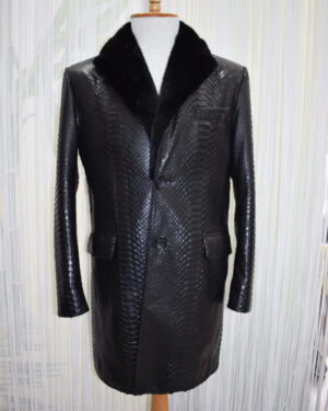 Mens Python Leather Coat With Mink Fur Collar