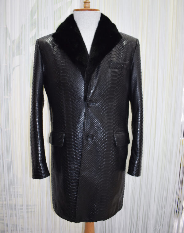 Mens Python Leather Coat With Mink Fur Collar