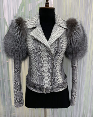 Womens White Fox Fur Trim Python Leather Biker Jacket