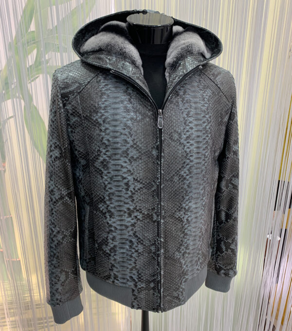 Fur Lining Grey Genuine Python Leather Hoodie Jacket