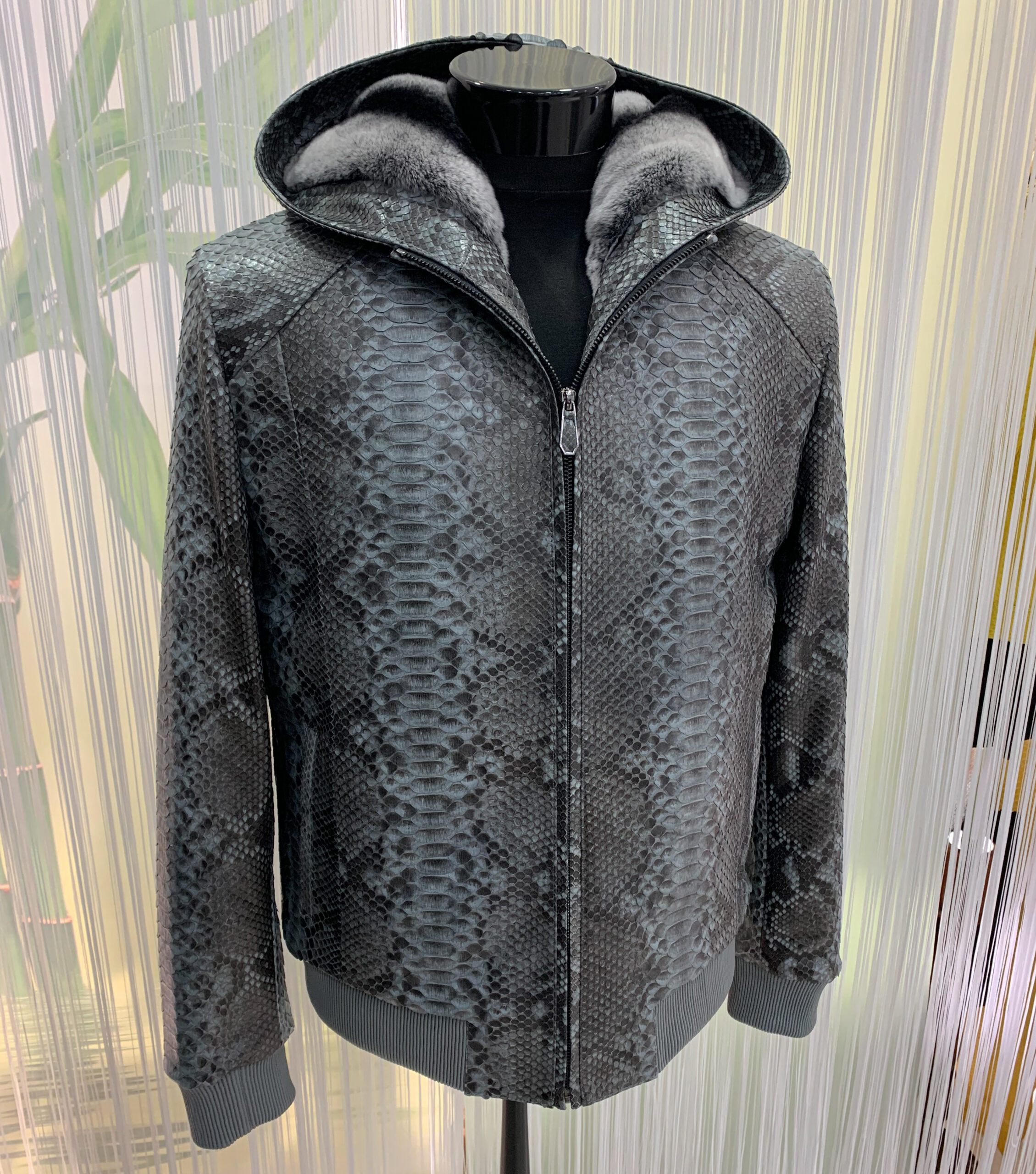 Fur Lining Grey Genuine Python Leather Hoodie Jacket