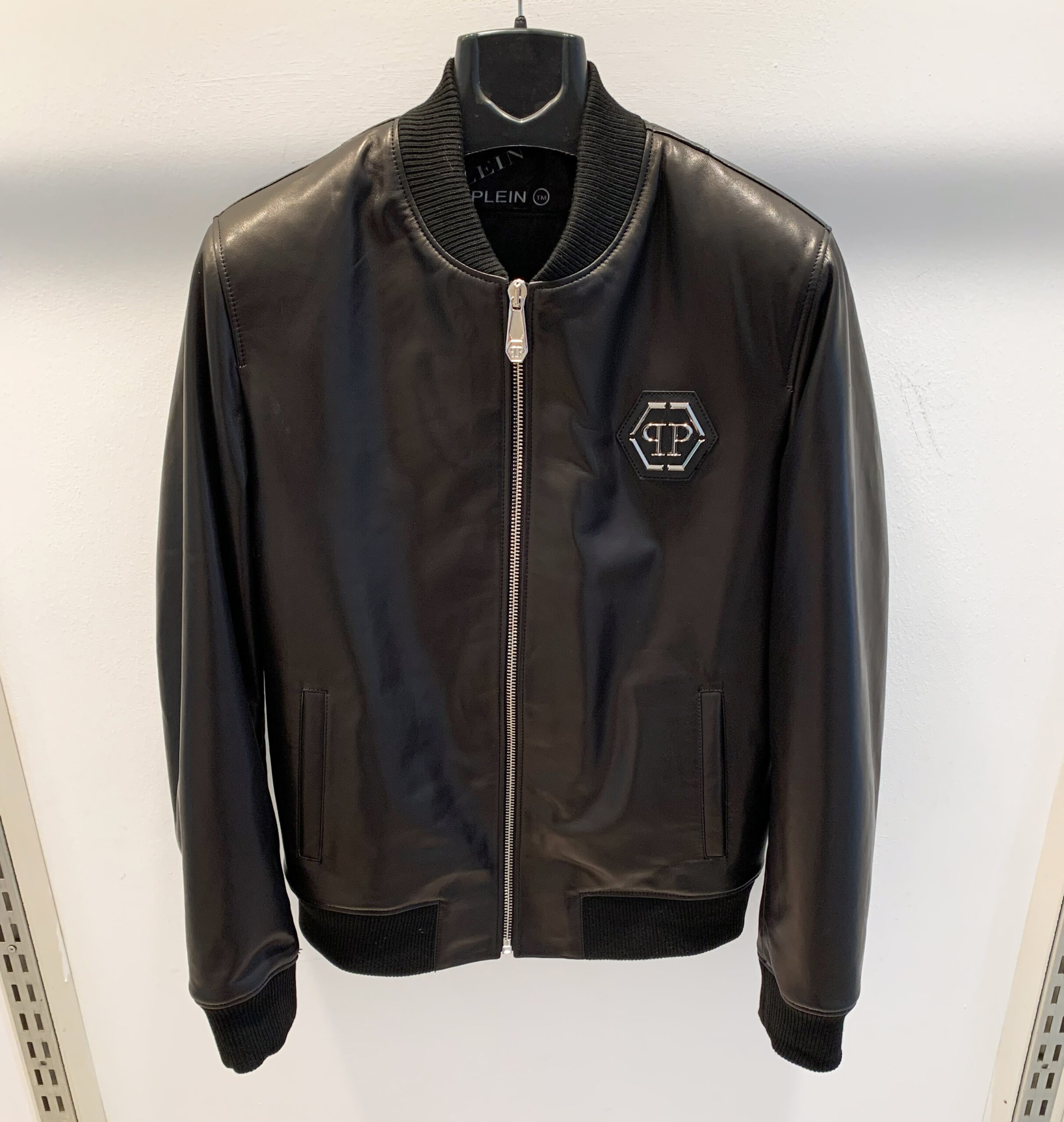 Philipp Plein Black Leather Bomber Jacket