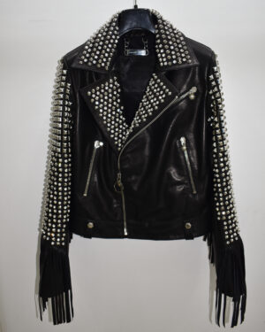Philipp Plein Women Studded Biker Leather Jacket
