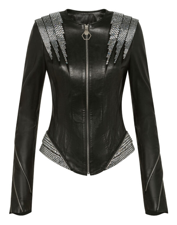 Philipp Plein Women Crystal Leather Jacket