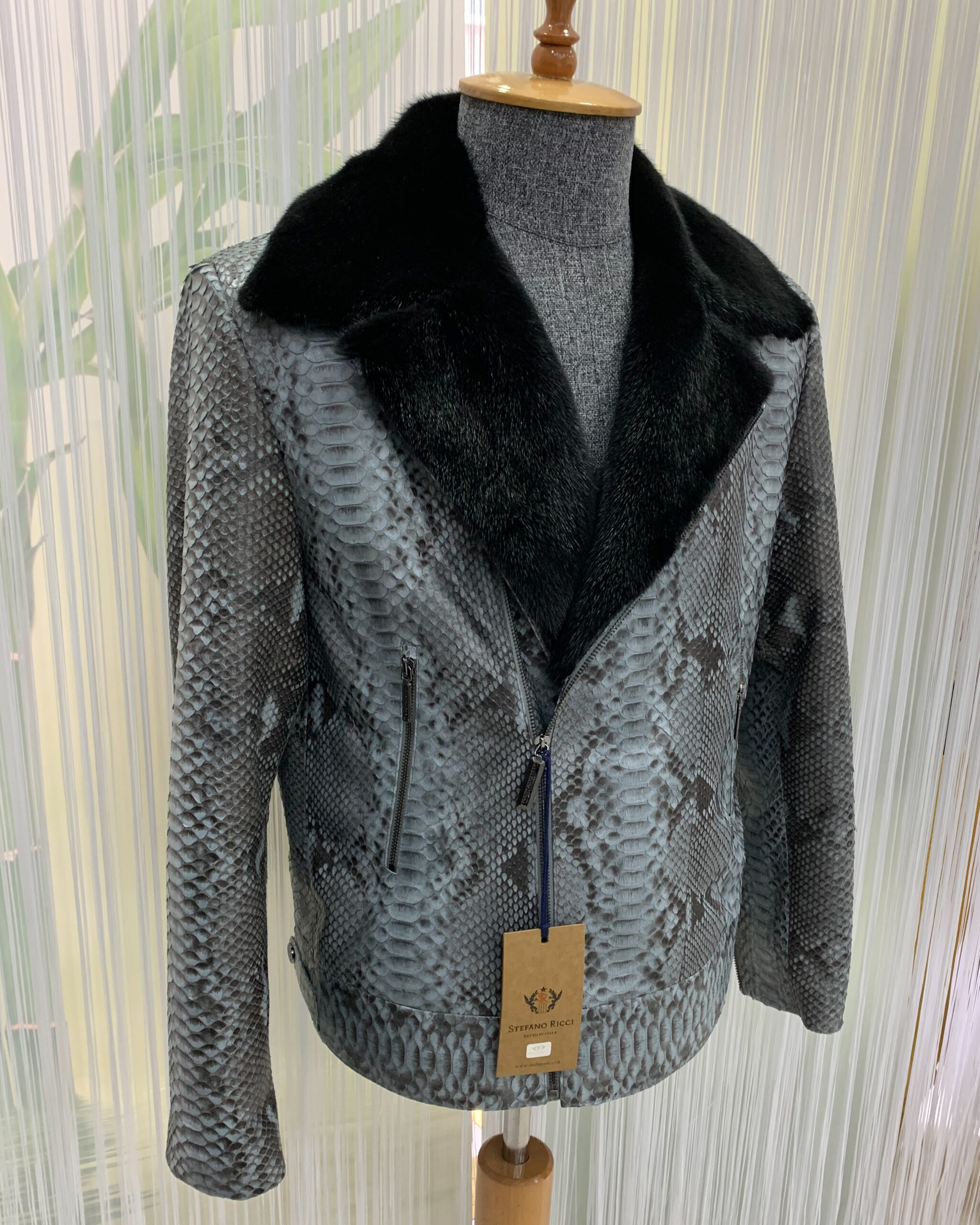 SR Python Skin Mink Fur Collar Grey Biker Jacket