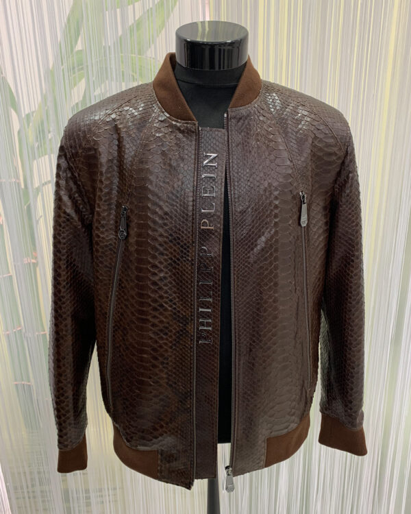 Philipp Plein Brown Python Leather Bomber Jacket