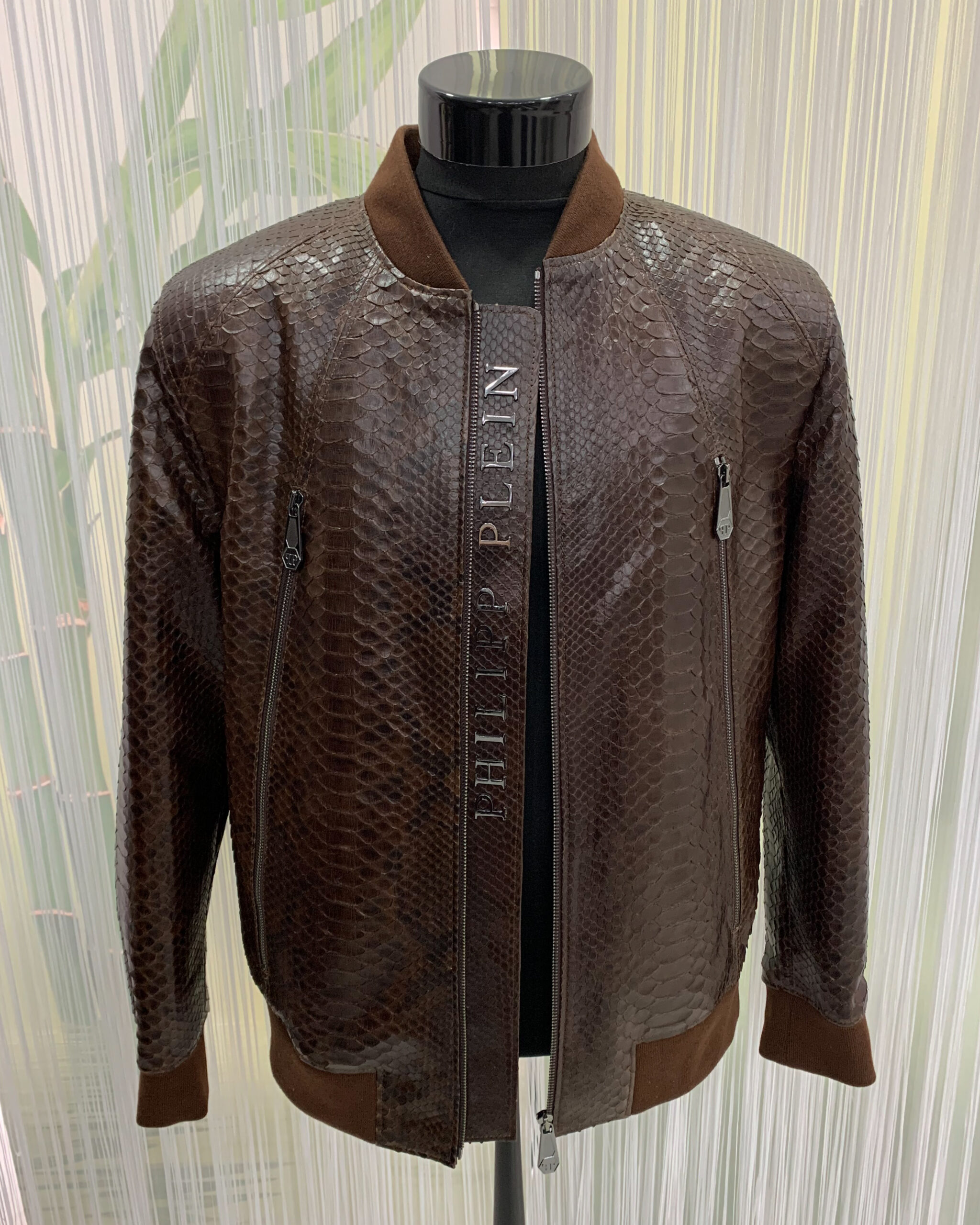 Philipp Plein Brown Python Leather Bomber Jacket