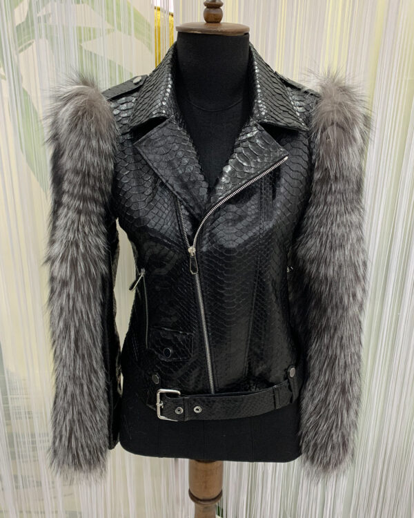 Womens Fox Fur Sleeves Python Leather Biker Jacket