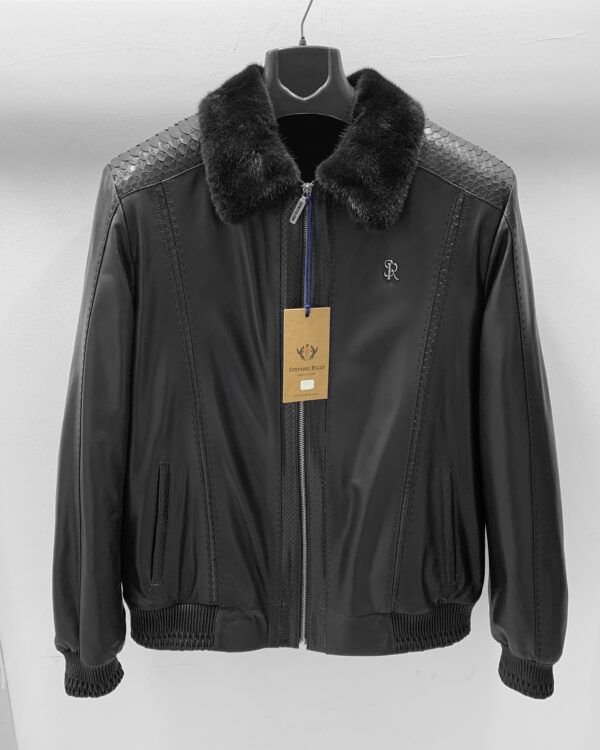 SR Python Trim Mink Fur Collar Leather Jacket