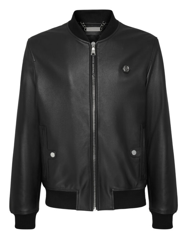 Philipp Plein Black Icon Leather Bomber Jacket