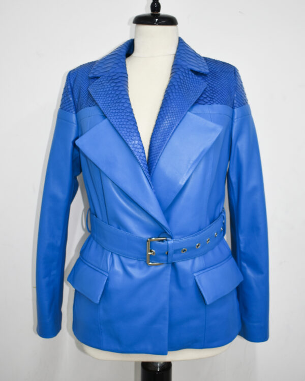 Women's Python Trim Blue Leather Biker Jacket