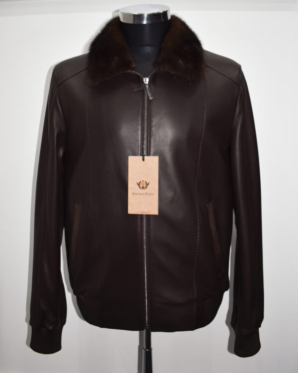 SR Mink Fur Collar Brown Leather Jacket