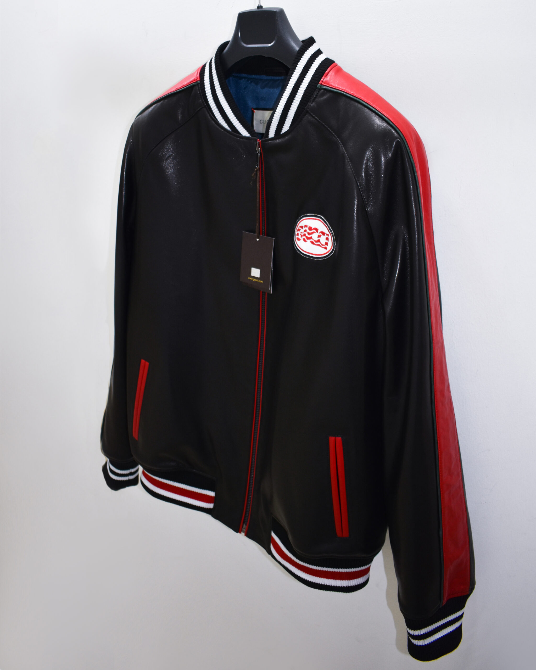 Gucci Black Red Leather Bomber Jacket - Leather Guys