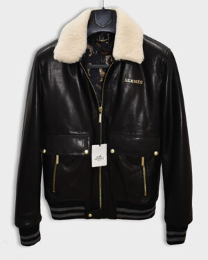 Hermes Fur Collar Replica Black Leather Jacket