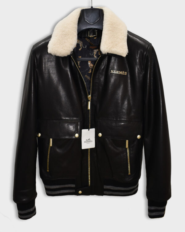 Hermes Fur Collar Replica Black Leather Jacket