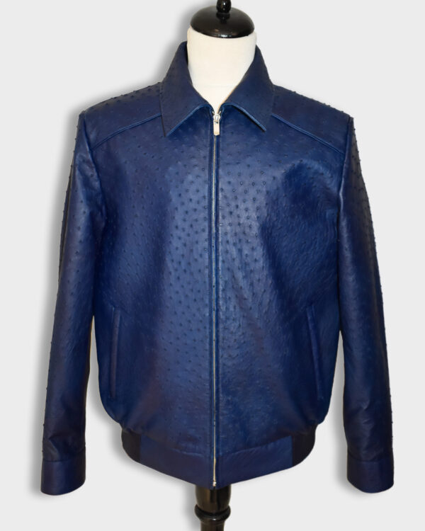 Navy Blue Ostrich Quill Leather Jacket