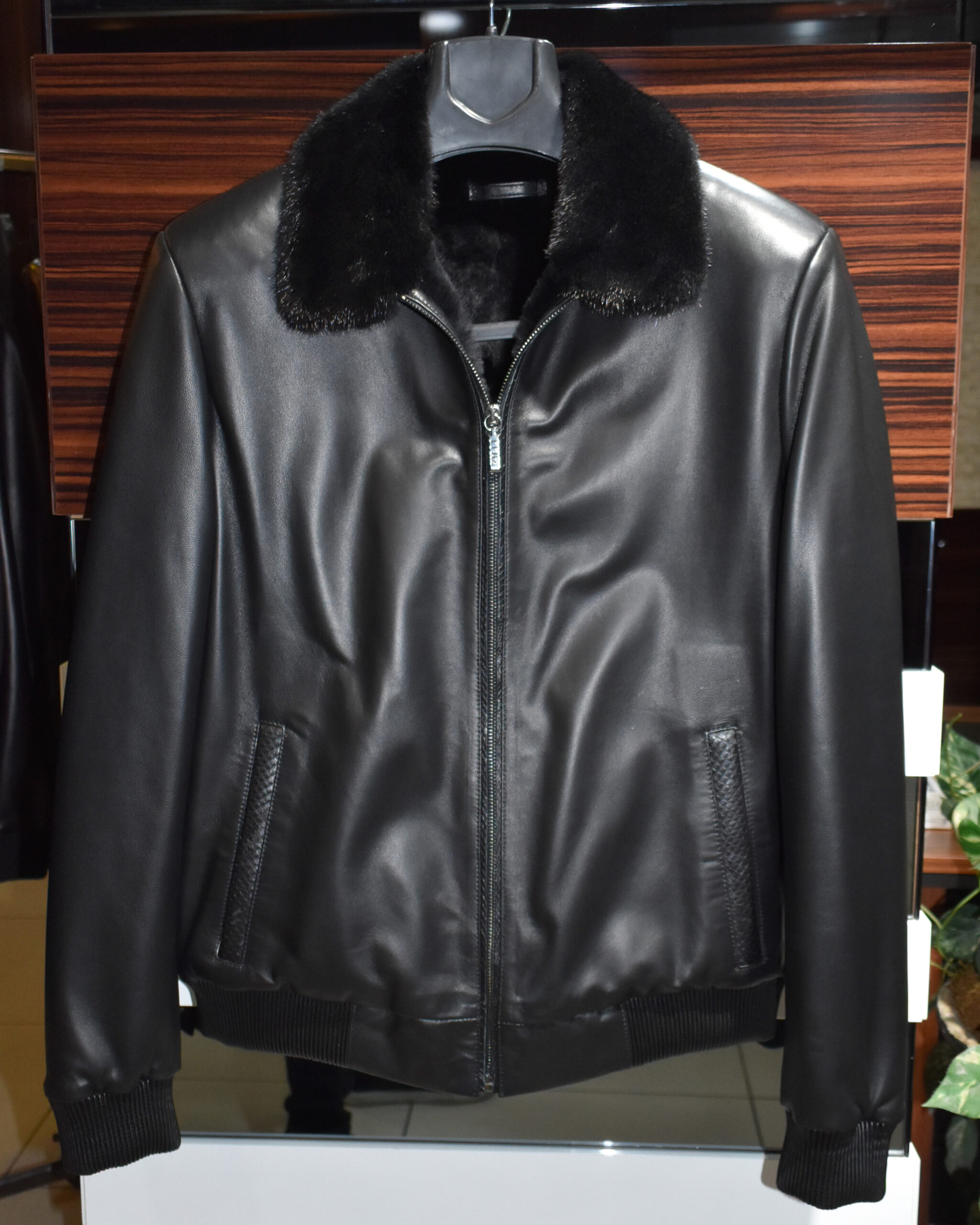 Mink Collar Fur Lining Leather Jacket