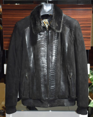 Python Skin Mink Fur Collar Leather Suede Jacket