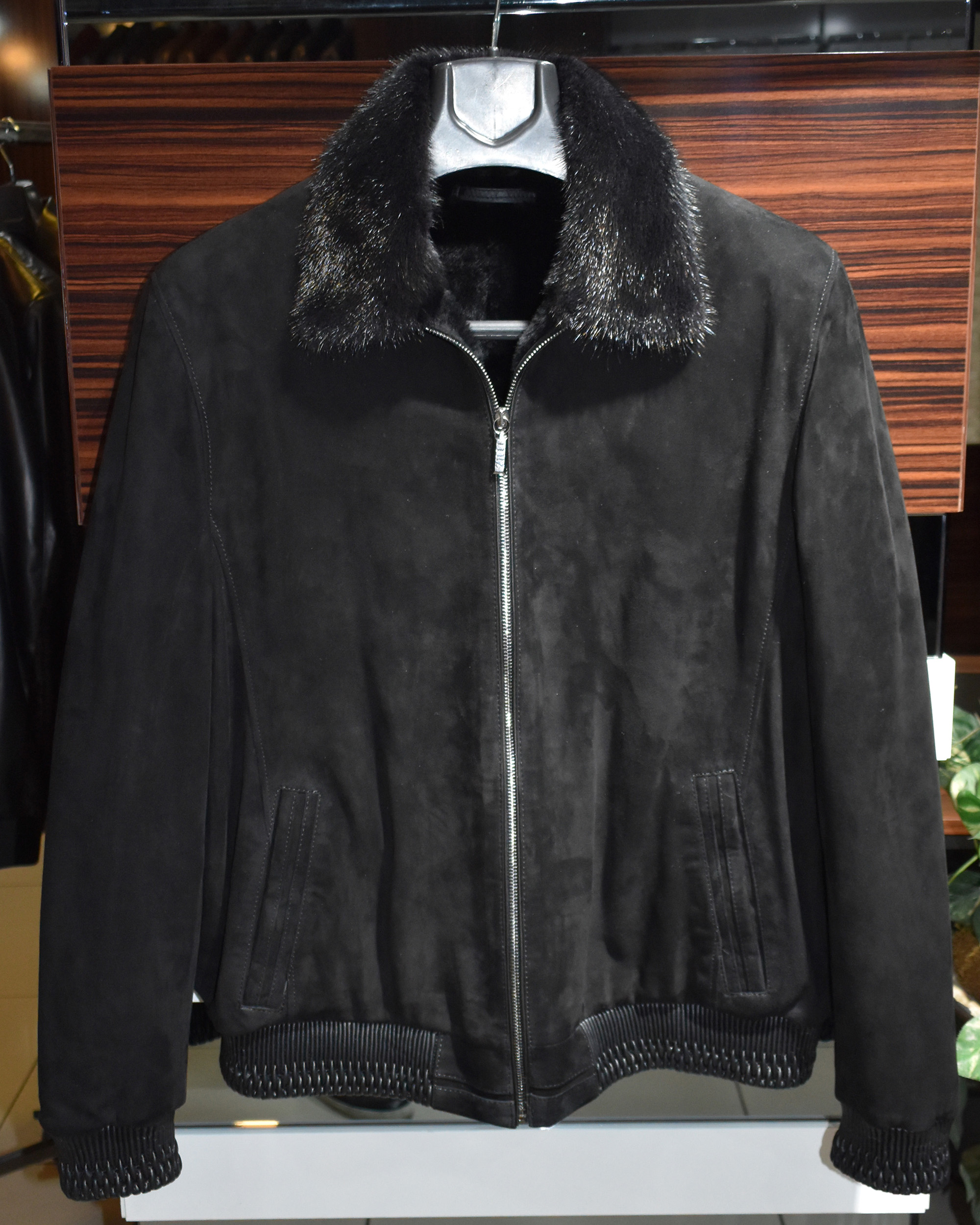 Mink Collar Fur Lining Suede Bomber Jacket