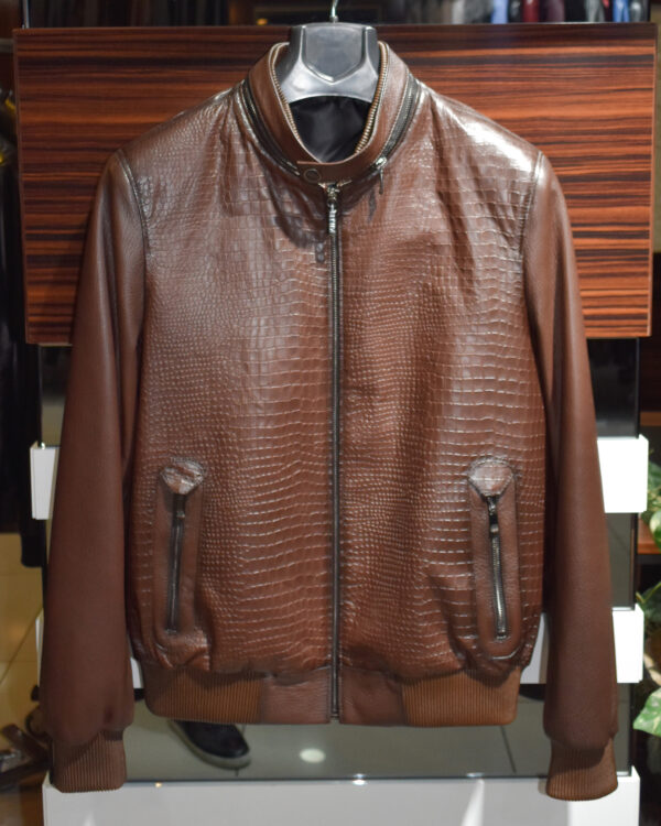 Crocodile Embossed Brown Leather Jacket