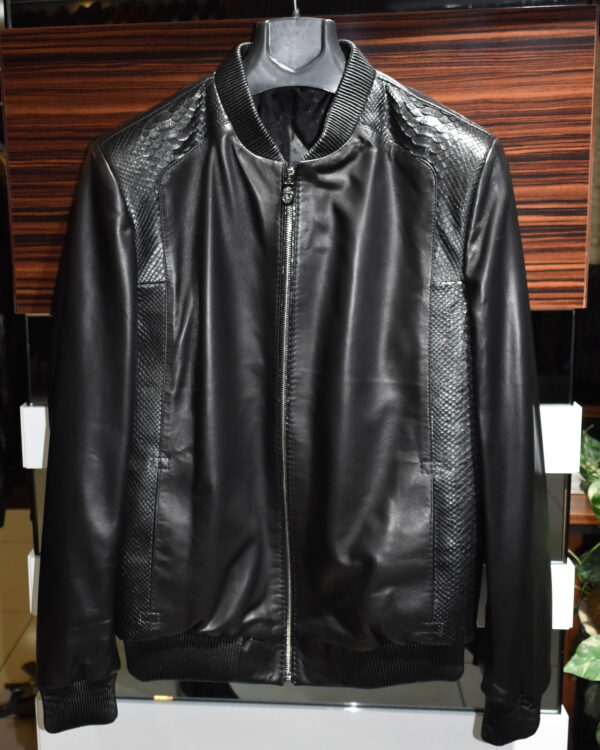 Billionaire Python Trim Leather Bomber Jacket
