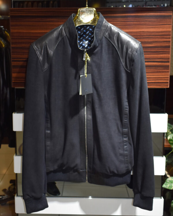 Printed Navy Blue Leather Jacket