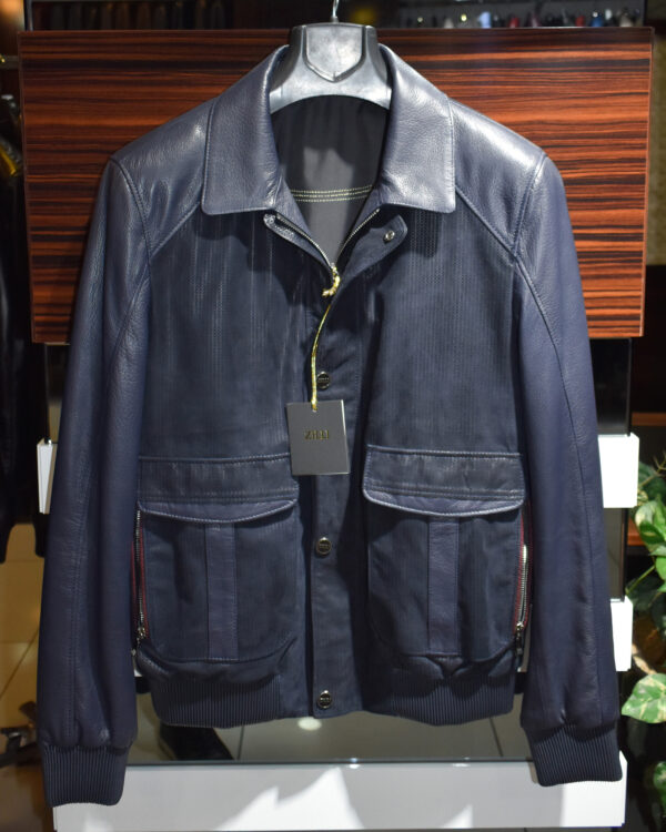 Printed Navy Blue Bomber Leather Jacket