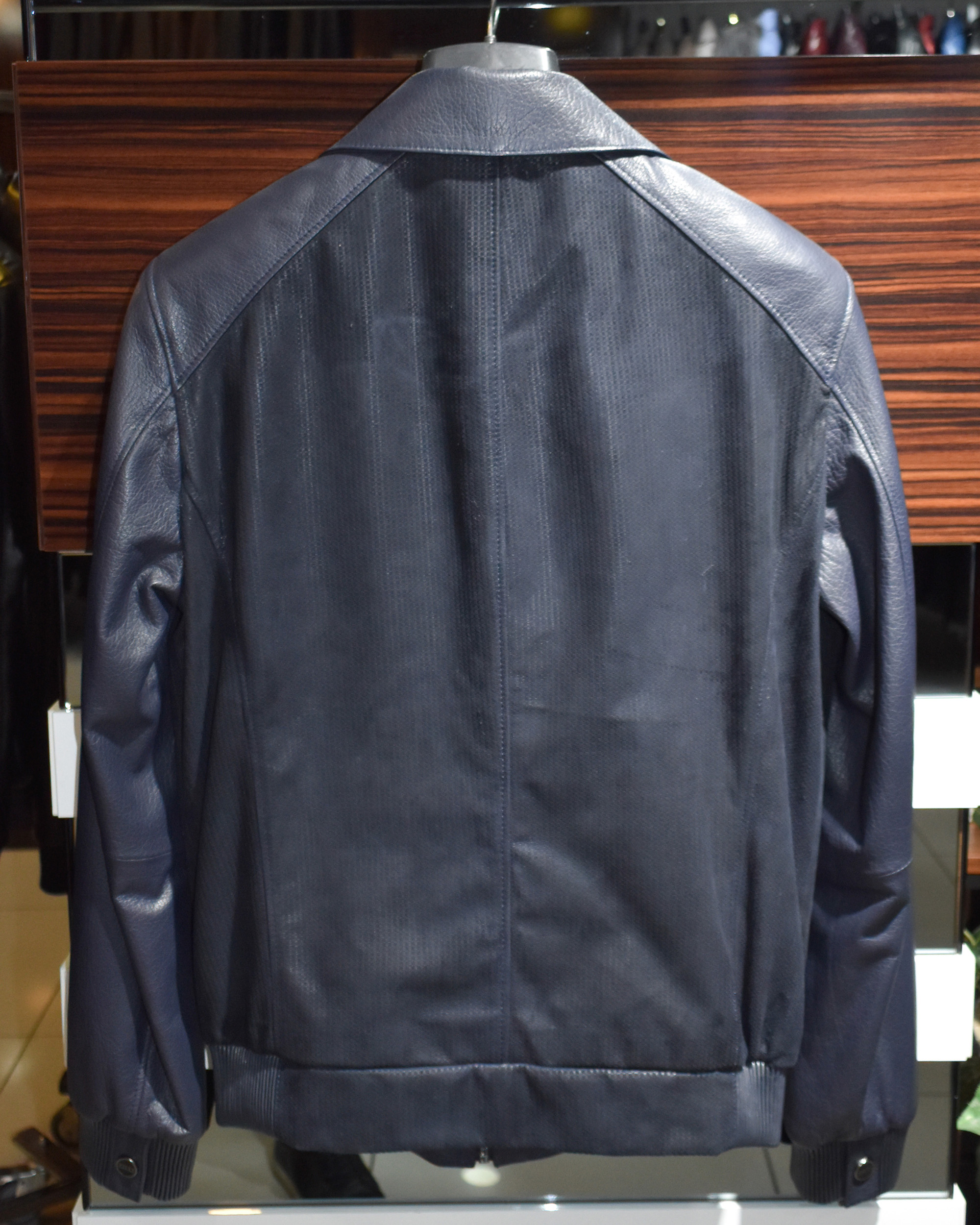Printed Navy Blue Bomber Leather Jacket - Leather Guys
