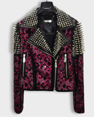 Philipp Plein Women Pink Paradise Leather Biker Jacket