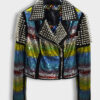 Philipp Plein Women Rainbow Crystal Leather Biker Jacket