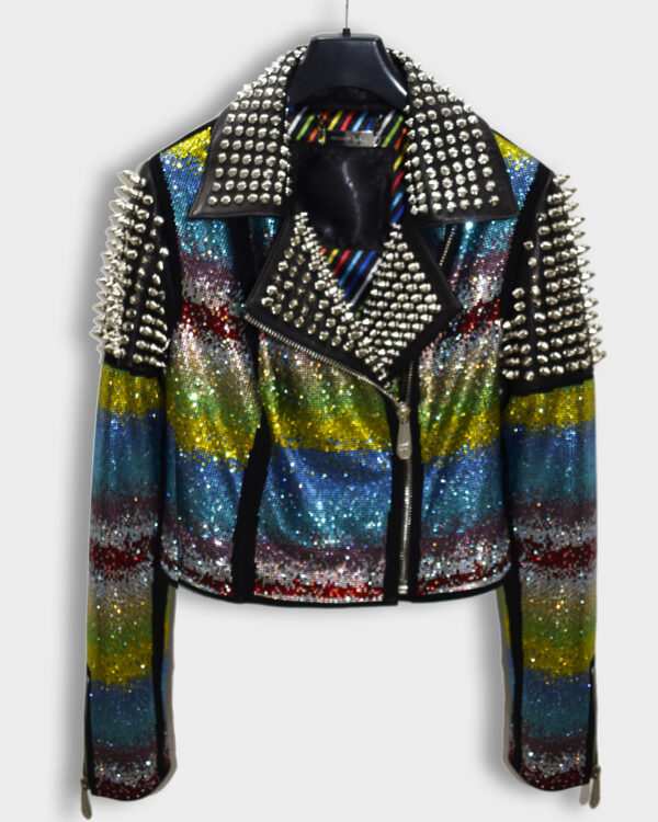 Philipp Plein Women Rainbow Crystal Leather Biker Jacket