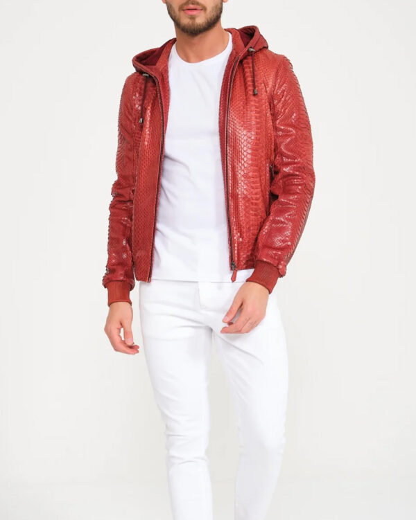 Men Red Python Leather Hoodie Jacket