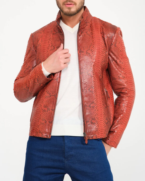 Men Red Python Leather Moto Jacket