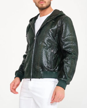 Men's Snake Print Leather Jacket in Moss Green - Arcane Fox M / Moss Green-#998D7F