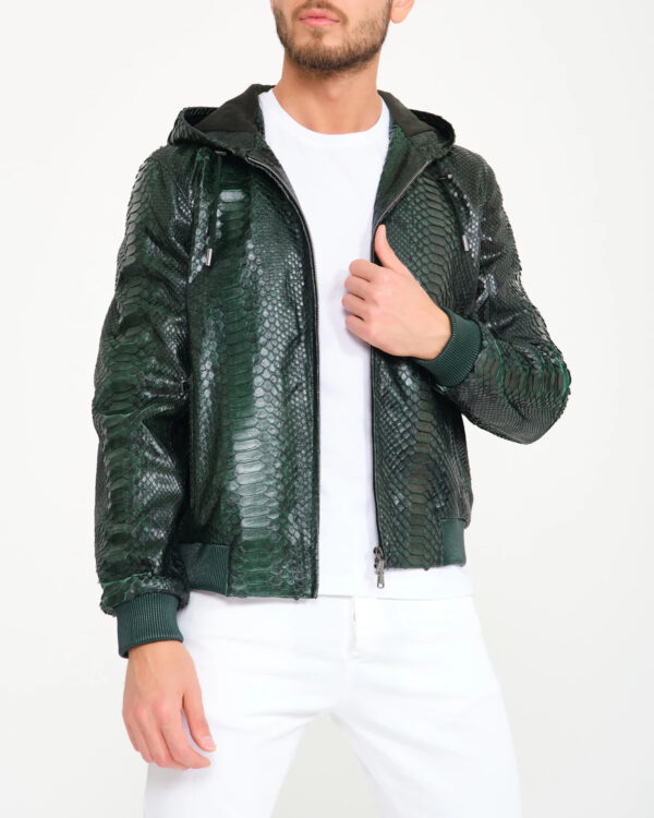 Men Green Python Leather Hoodie Jacket