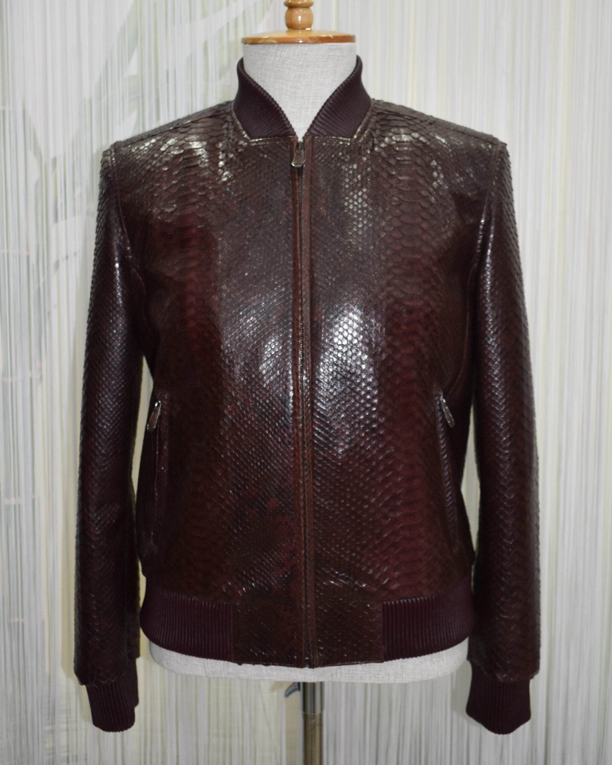 Men Burgundy Python Leather Bomber Jacket