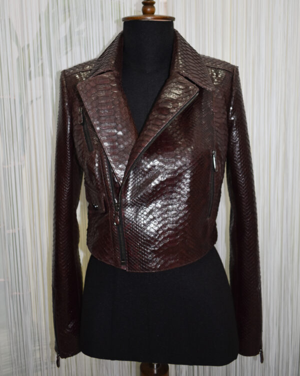 Women Burgundy Python Leather Biker Jacket