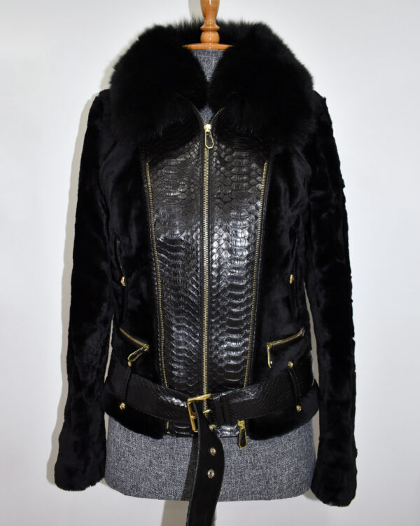 Women Python Leather Fox Fur Collar Sheep Fur Jacket