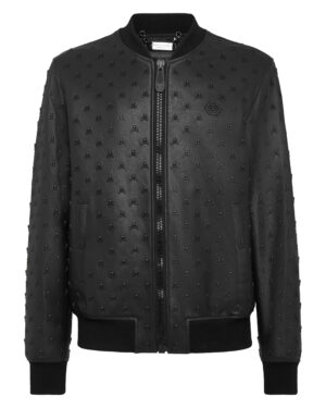 Philipp Plein Skull Studded Leather Bomber Jacket