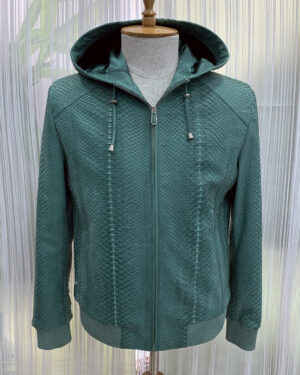 Men Green Nubuck Python Leather Hoodie Jacket