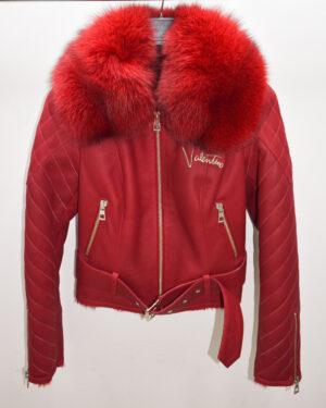 Valentino Women's Red Shearling Jacket With Fox Fur Collar
