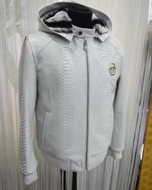 Philipp Plein White Python Leather Rex Fur Lining Hoodie Jacket