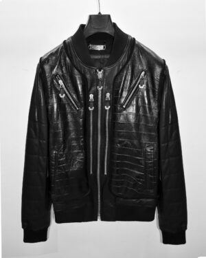 Philipp Plein Crocodile Embossed Leather Bomber Jacket