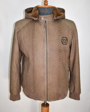 Philipp Plein Brown Python Leather Rabbit Fur Lining Hoodie Jacket