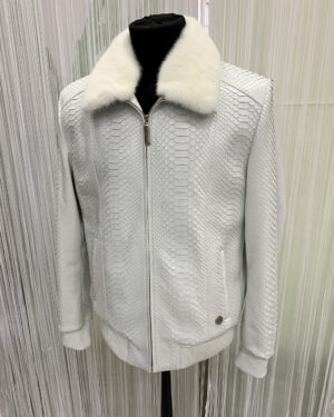 SR Mink Fur Collar White Python Leather Jacket