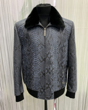 SR Mink Fur Collar Blue Python Leather Jacket