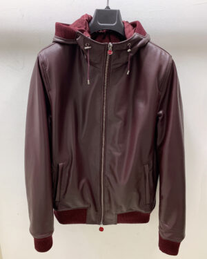 Kiton Burgundy Leather Hoodie Jacket