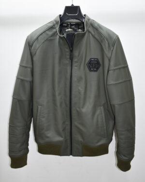 Philipp Plein Green Leather Bomber Jacket