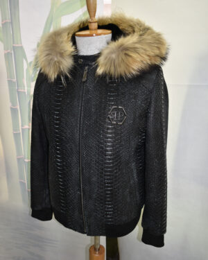 Philipp Plein Black Nubuck Python Leather Fur Lining Fur Hood Jacket