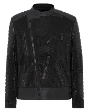 Philipp Plein Crystal Printed Leather Biker Jacket